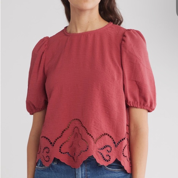 New Adrianna Papell Eyelet Scallop Hem Puff Sleeve Blouse in XS Rose - Picture 12 of 13